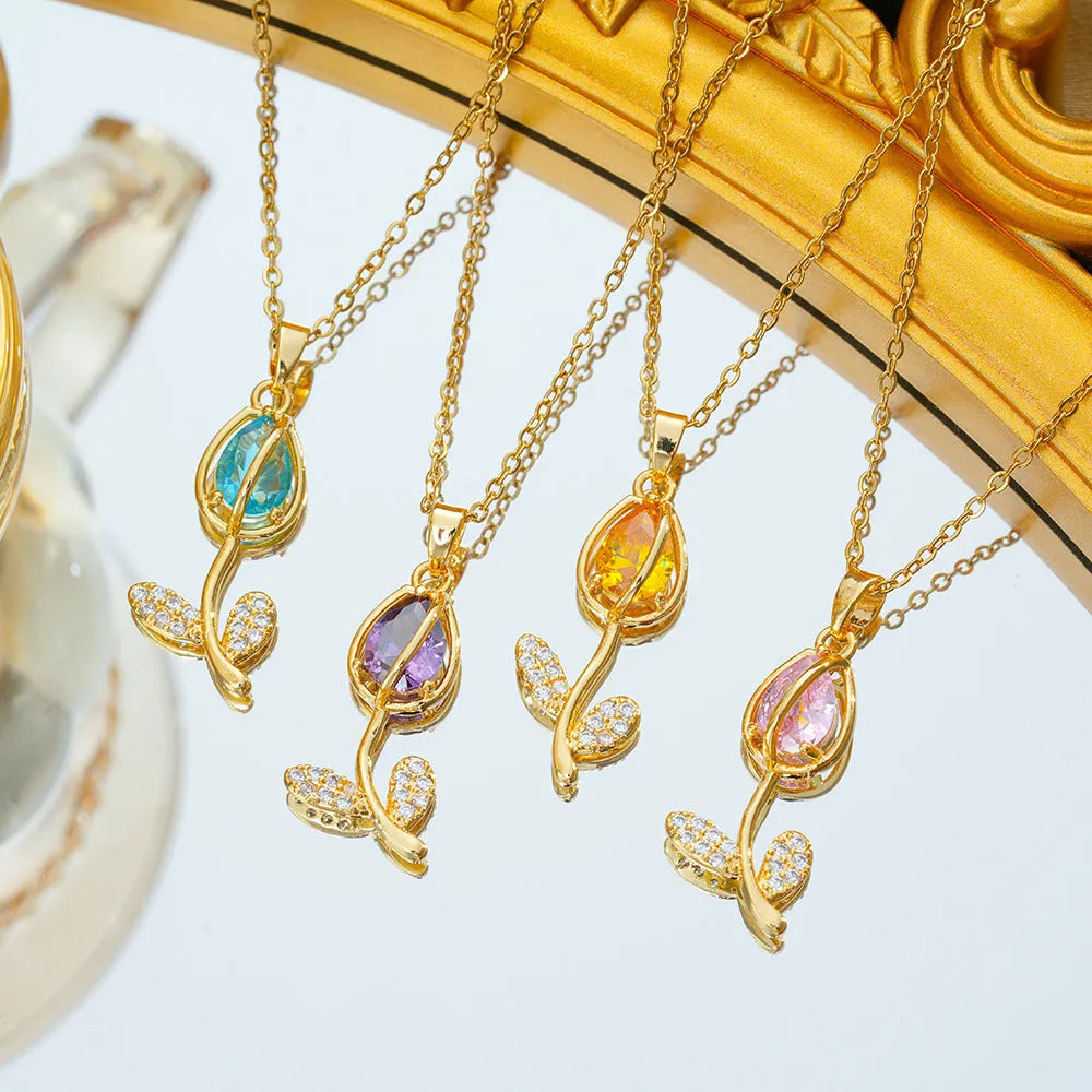 Zircon tulip necklace with flower pendant on adjustable titanium steel chain in gold colour