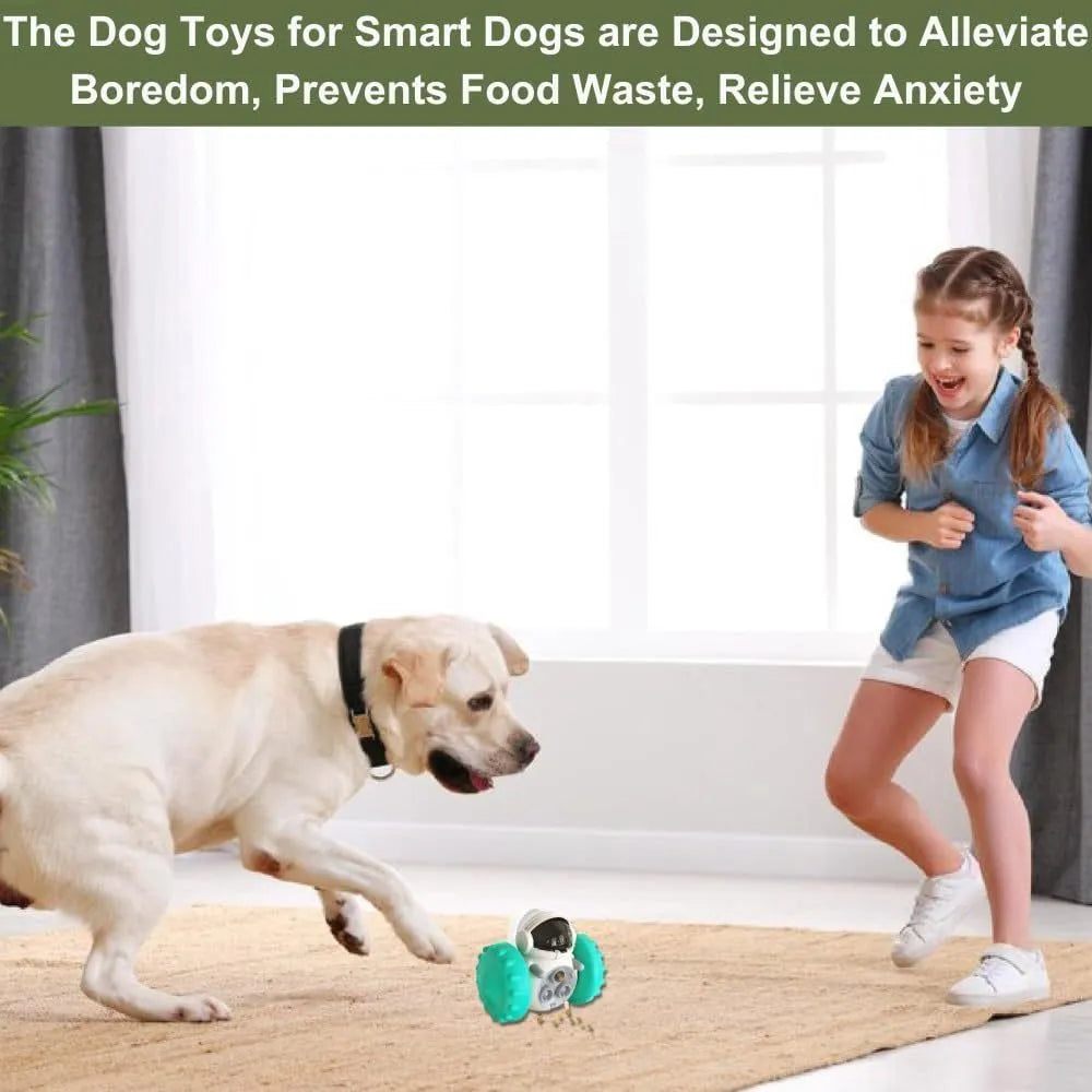 Self-balancing dog treat dispenser toy in robot design for interactive pet play