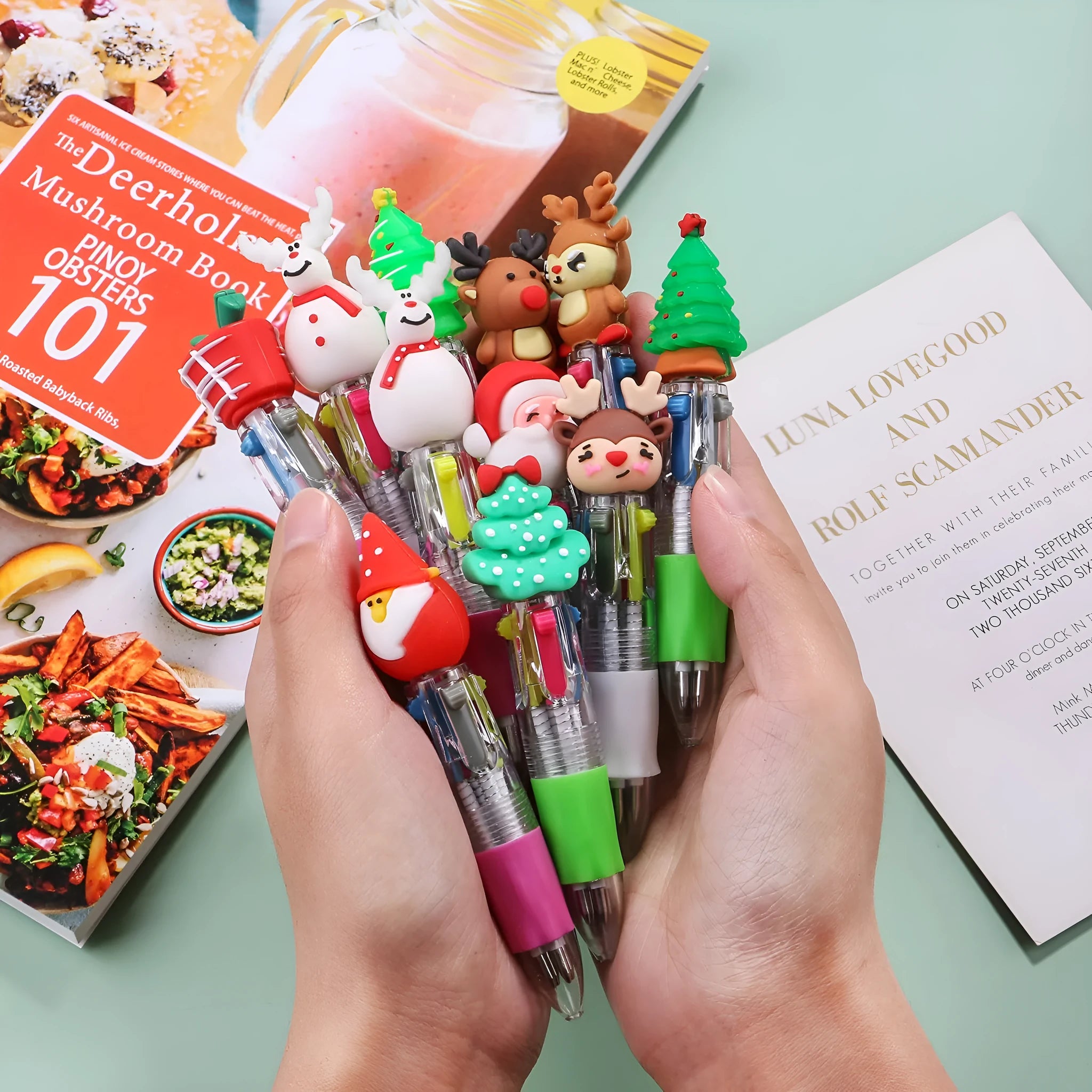 Christmas four-colour press ballpoint pen showing 11cm length with festive designs