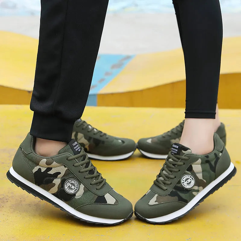 Camouflage pattern suede running shoes with mesh lining and foam sole on size chart background