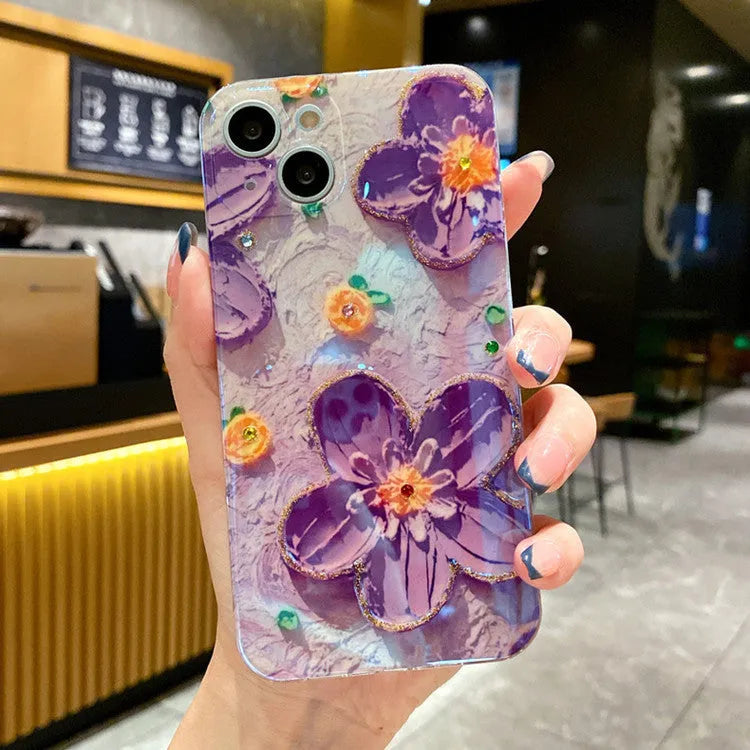 Purple soft rubber phone case with oil painting floral pattern and diamond detailing for iPhone and Huawei smartphones