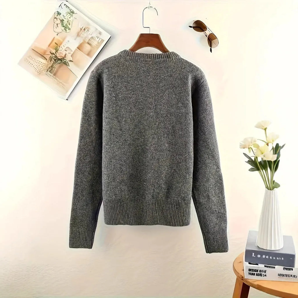 Dark grey women's cardigan sweater with button front and regular sleeve length