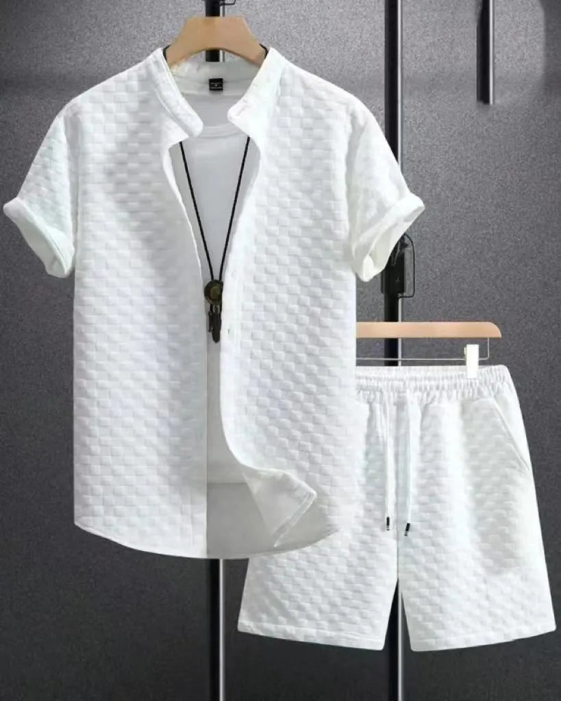 Men's jacquard short sleeve suit separates in black and white colour options