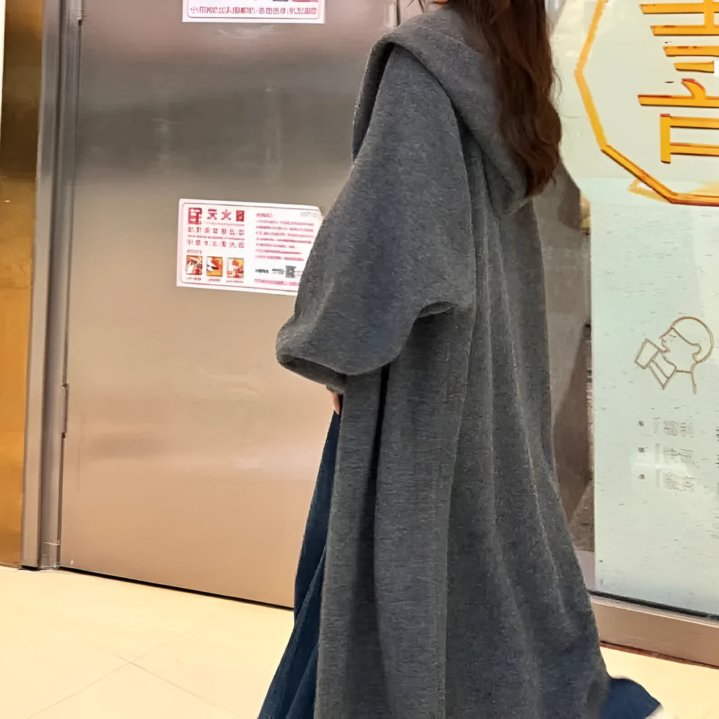 Women's long below-the-knee knitted cardigan with hood in wool blend fabric, loose fit, Korean style