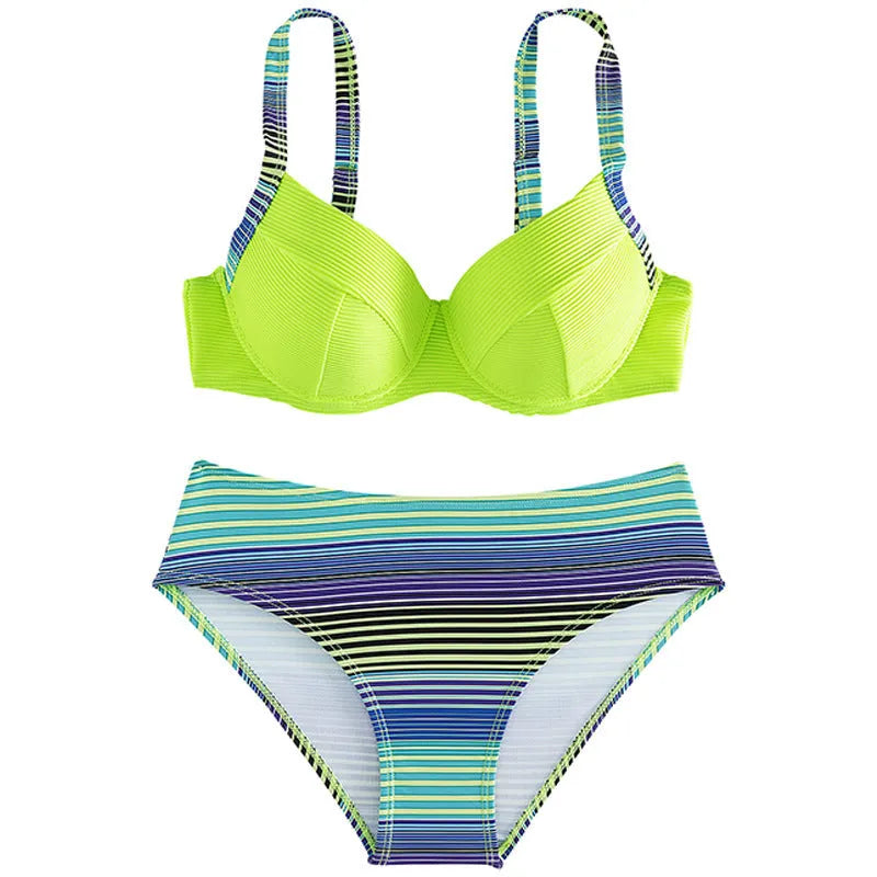 Green printed women's halter bikini set with brief bottoms showing front view