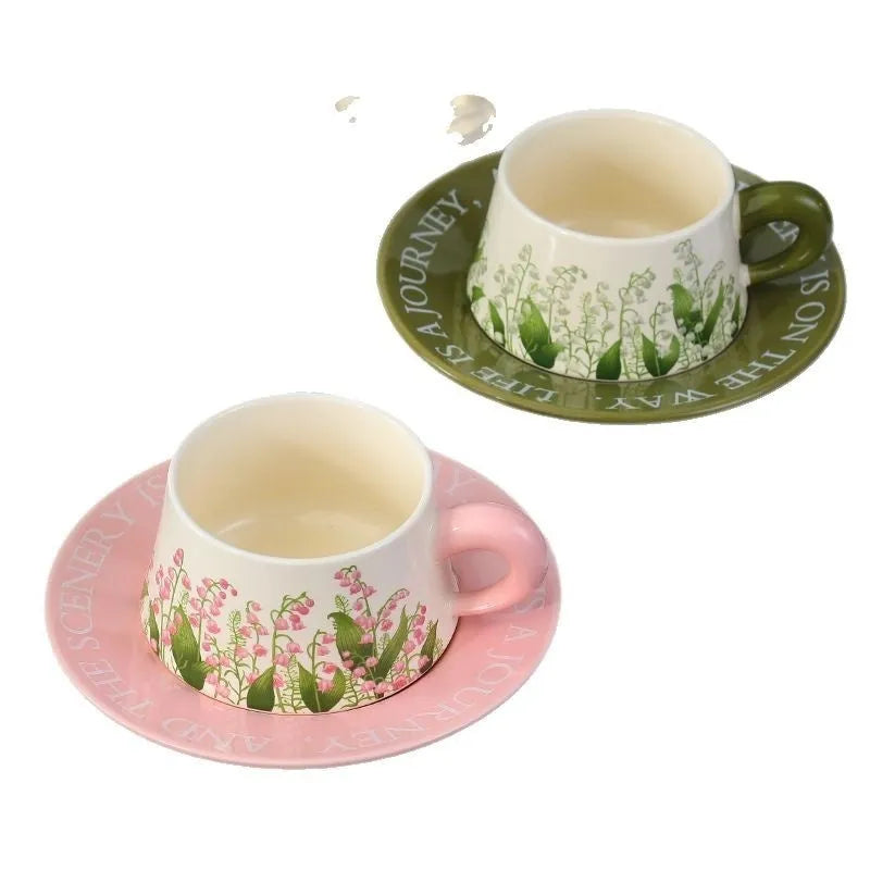 Ceramic coffee cup and saucer set for couples with stirring spoons in Campanula or Lanling Grass designs