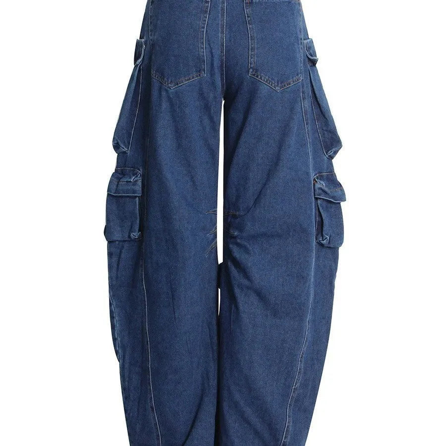 Dark blue distressed wide-leg women's jeans with high waist and multiple utility pockets