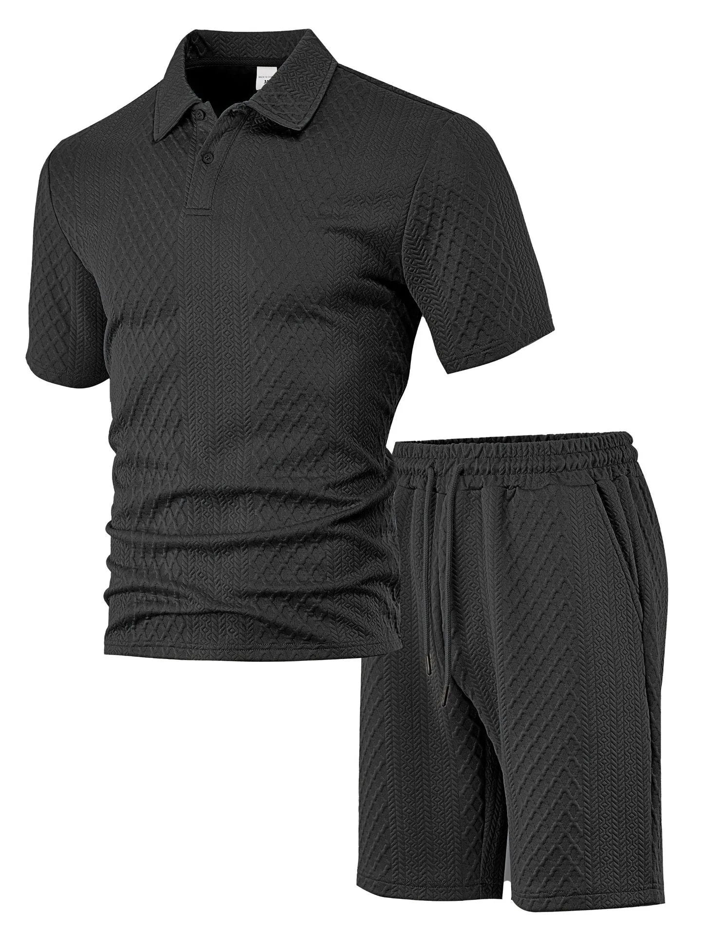 Men's casual short sleeve polo suit with matching trousers in polyester figure cloth, showing colour options.