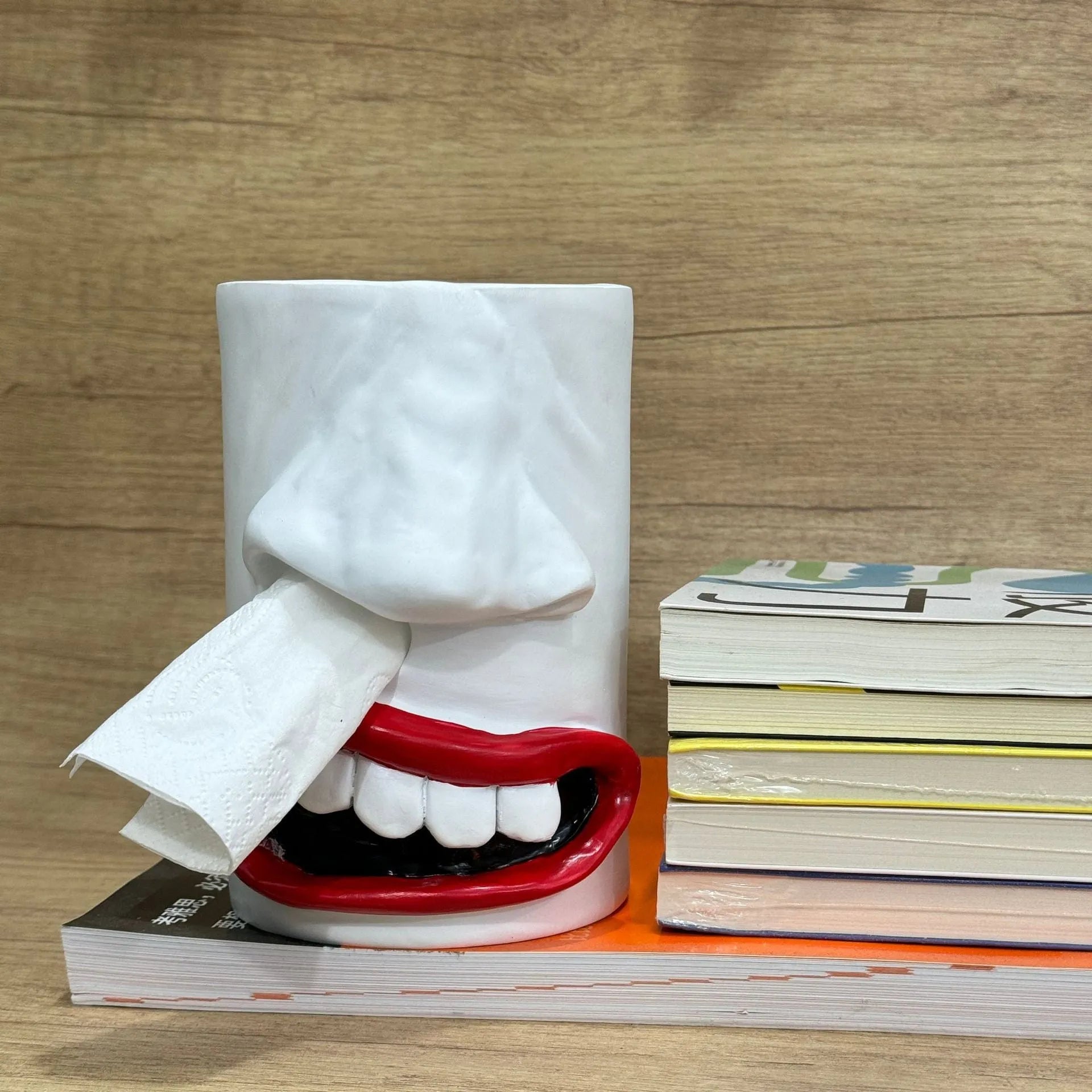 Resin American style decorative tissue box holder on a desk, dimensions 8.5cm by 14.6cm.