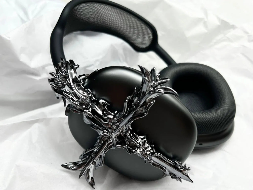 Gothic resin headphone cover for Apple AirPods Max in silver and gunmetal finishes