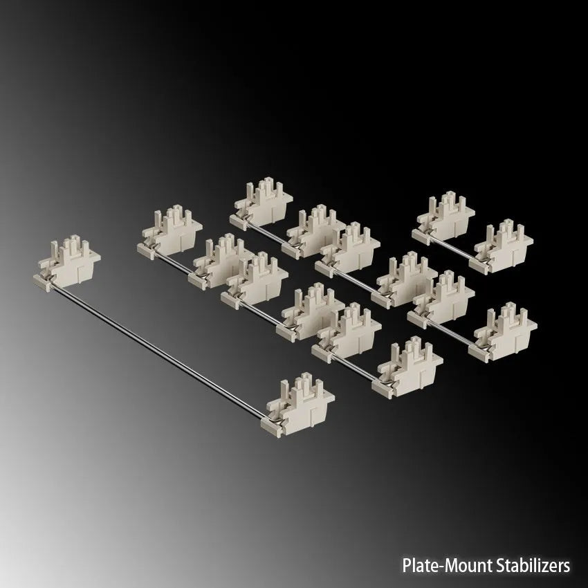 Keyboard stabiliser accessories in black and milky white colours with 6.25U and 7U size options