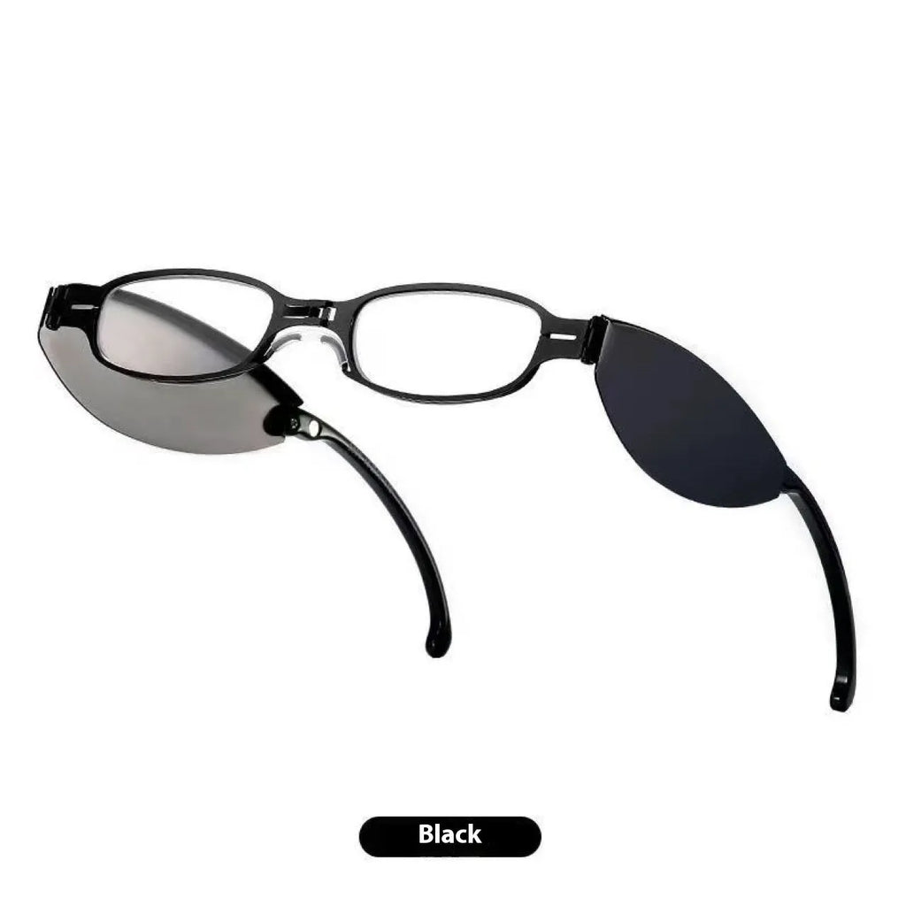 Black folding presbyopic reading glasses with round retro lenses, shown in open and closed positions.