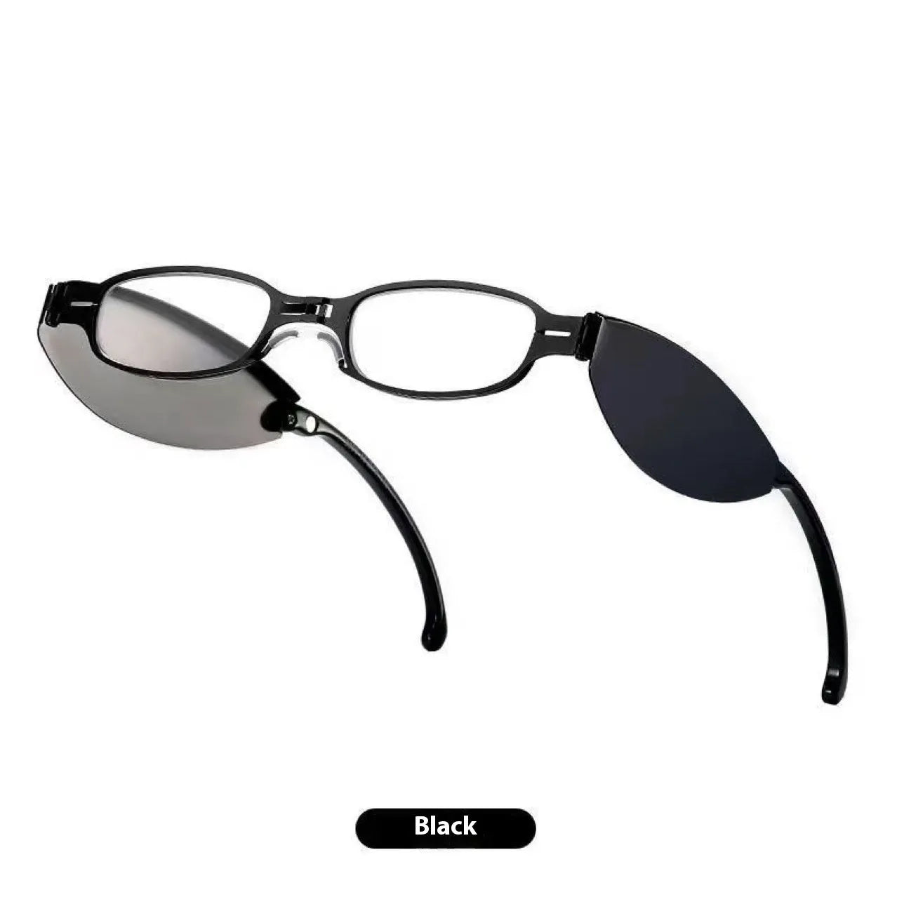 Black folding presbyopic reading glasses with round retro lenses, shown in open and closed positions.