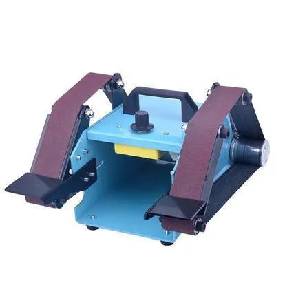Blue desktop dual-axis belt sander with a 750W motor and variable speed control for sharpening and polishing.