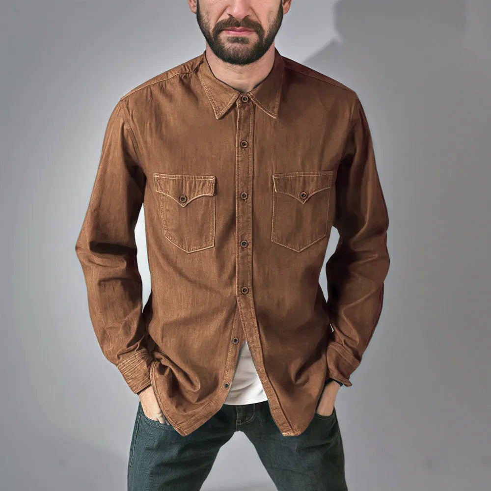 Men's cotton denim cardigan coat in regular fit, shown in khaki colour.