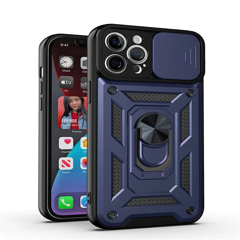 Sergeant sliding window mobile phone case in blue colour with visible magnetic bracket on back