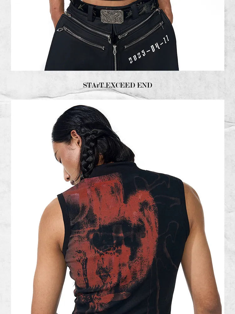 Black sleeveless t-shirt with half turtleneck collar and printed character pattern in slim fit style