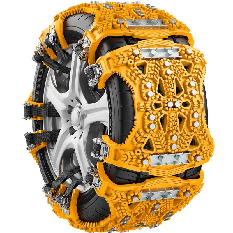 Universal black and yellow steel plate anti-skid tyre chain set with tools for car and SUV
