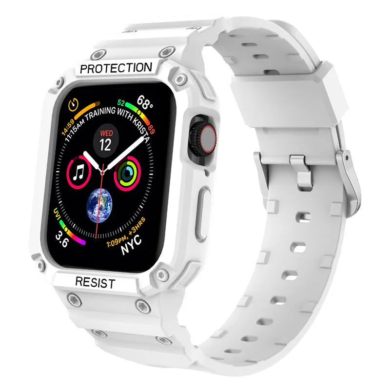 Apple Watch Series 8 compatible soft TPU sport strap in multiple colours showing 42mm and 38mm size options.