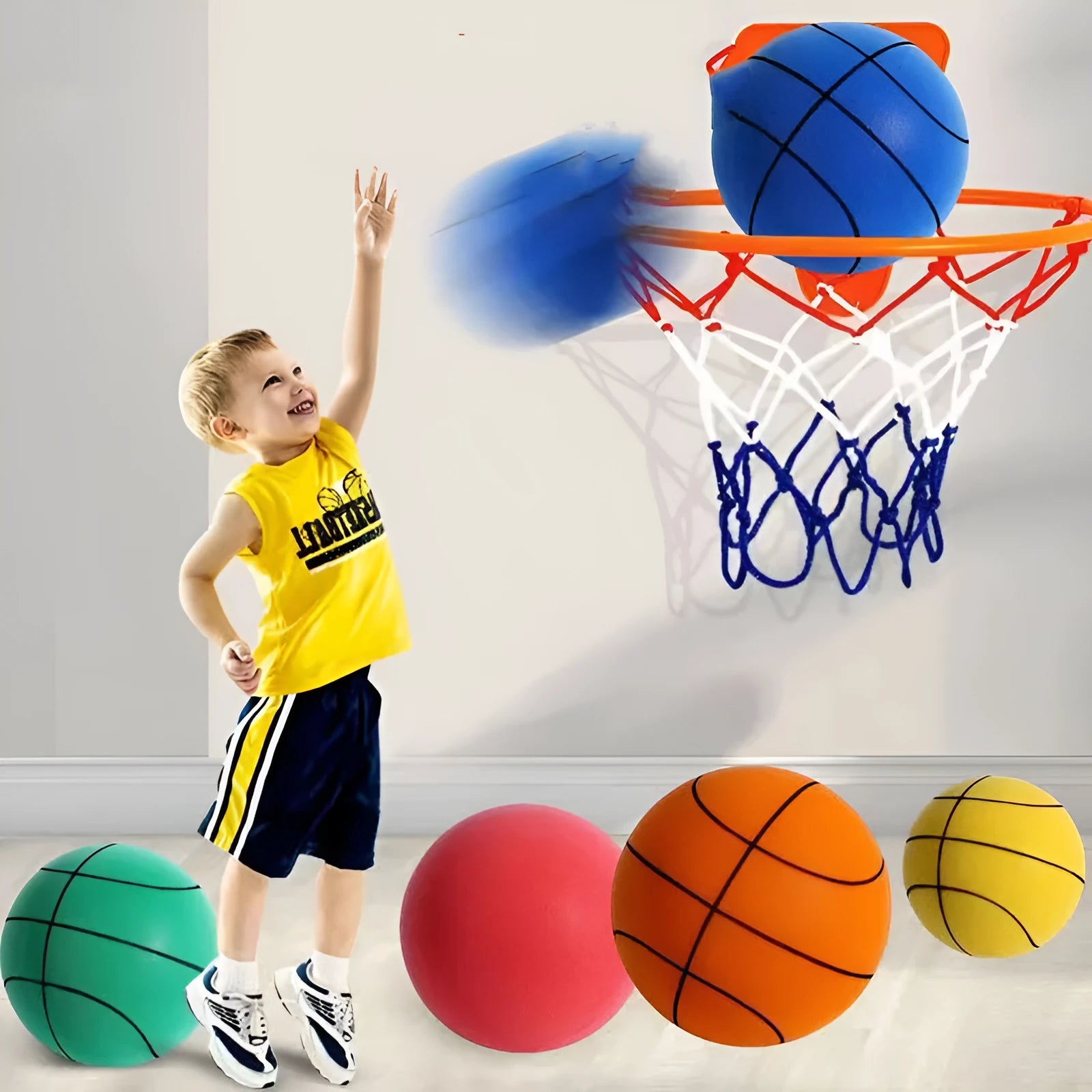 Silent foam basketball training ball in assorted bright colours with basketball hoop
