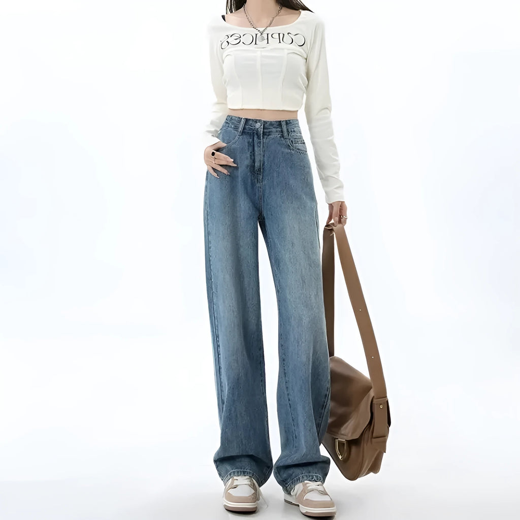 Women's retro blue high waist wide leg jeans with straight cut and stretch denim fabric