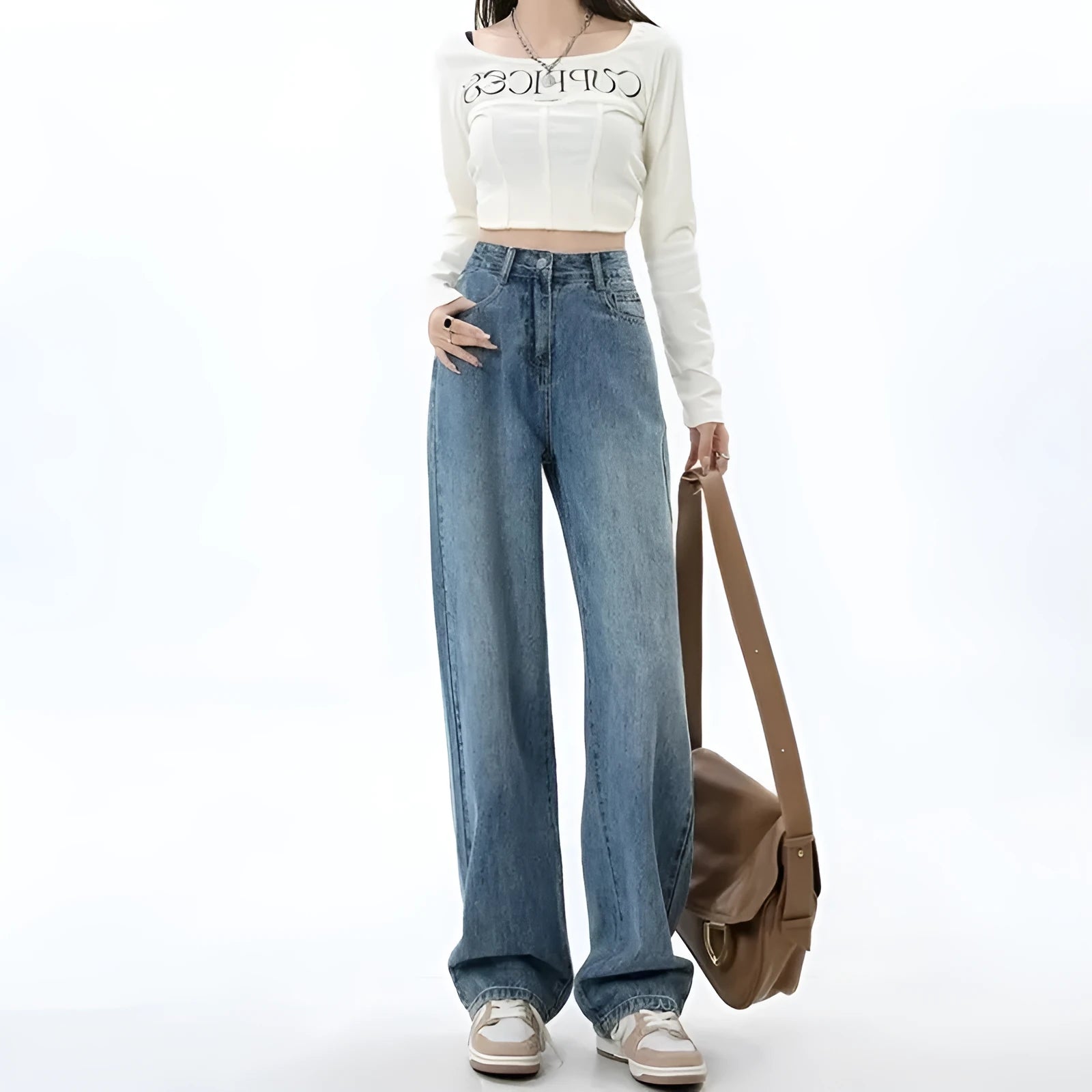 Women's retro blue high waist wide leg jeans with straight cut and stretch denim fabric