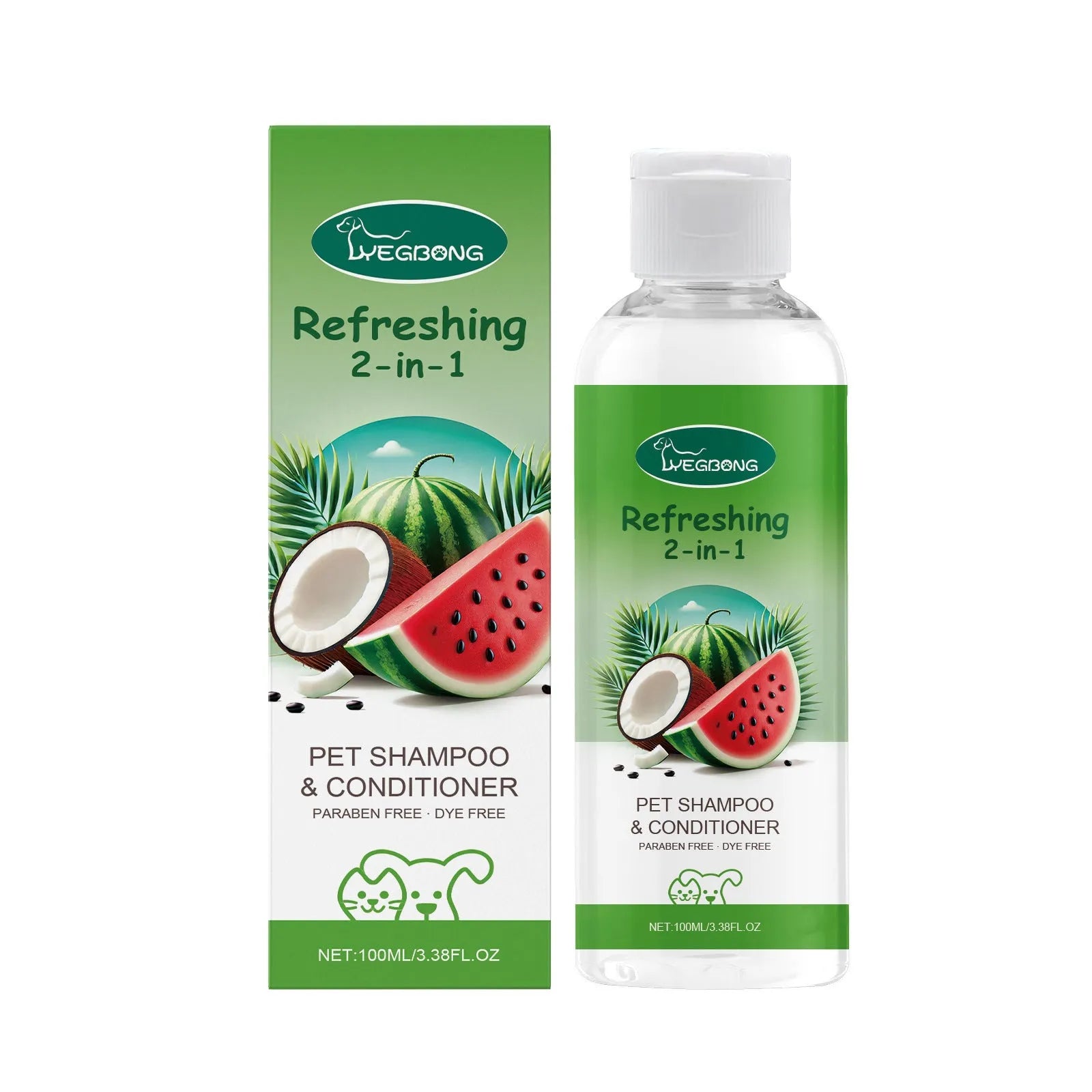 100ml bottle of pet 2-in-1 shampoo fragrance shower gel with watermelon and coconut extract.