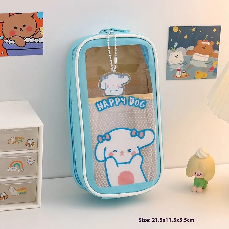 Transparent PVC pencil case with Korean cartoon pattern in vertical orientation