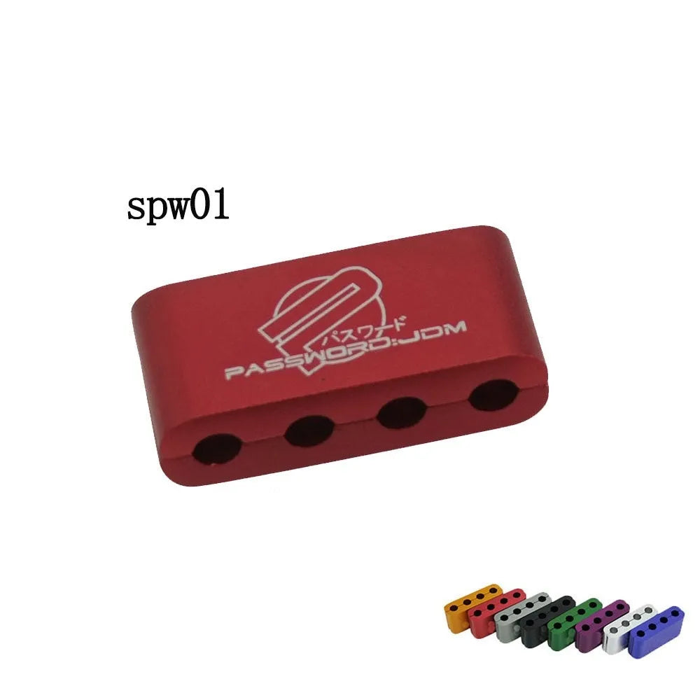 Three-piece metal car fastening clamp in assorted colours, shown with metal fixed sleeve, scale showing 55x30x25mm dimensions.