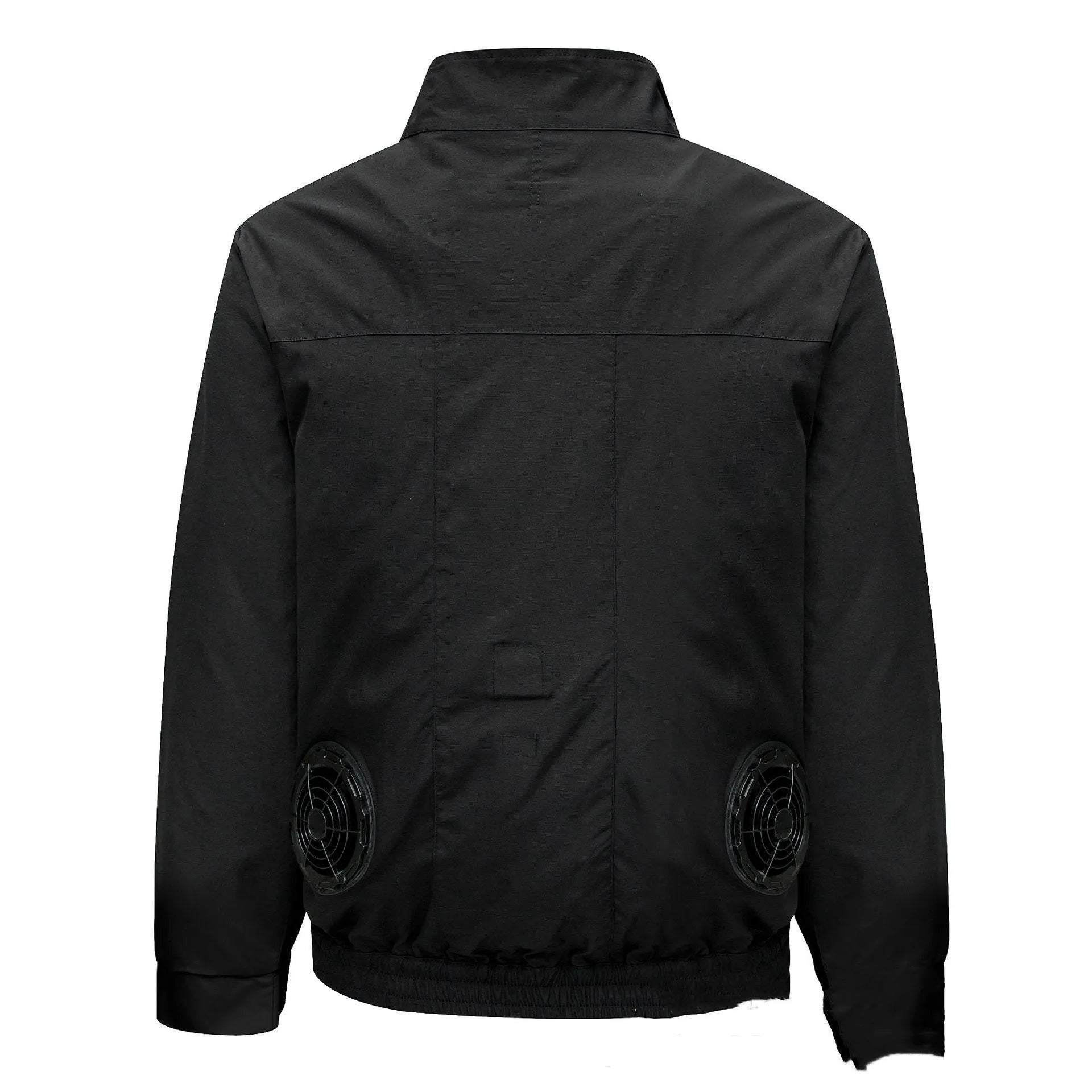 Men's black smart air conditioning outdoor work jacket with built-in cooling fan system and multiple ventilation holes.