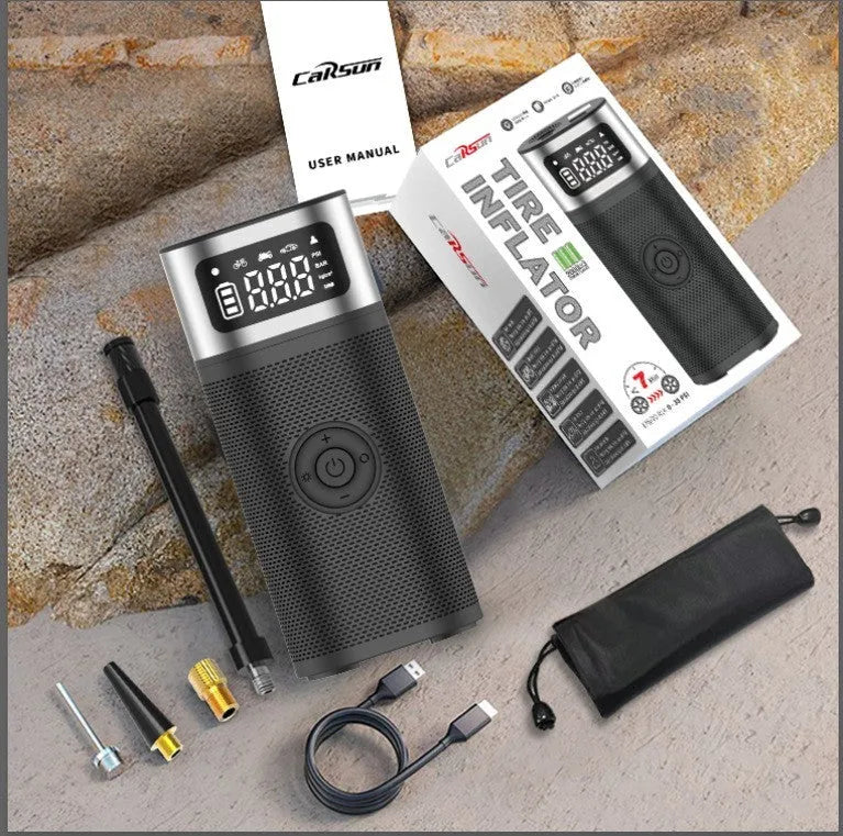 Black portable wireless smart air pump with LED light, 15cm tube, and multiple nozzle attachments