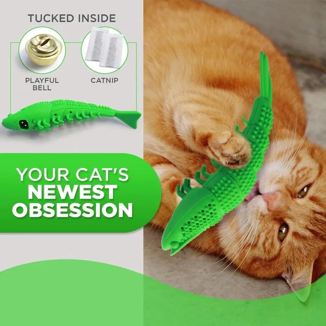 Blue cat tooth cleaning toy with 360-degree design and hard rubber construction
