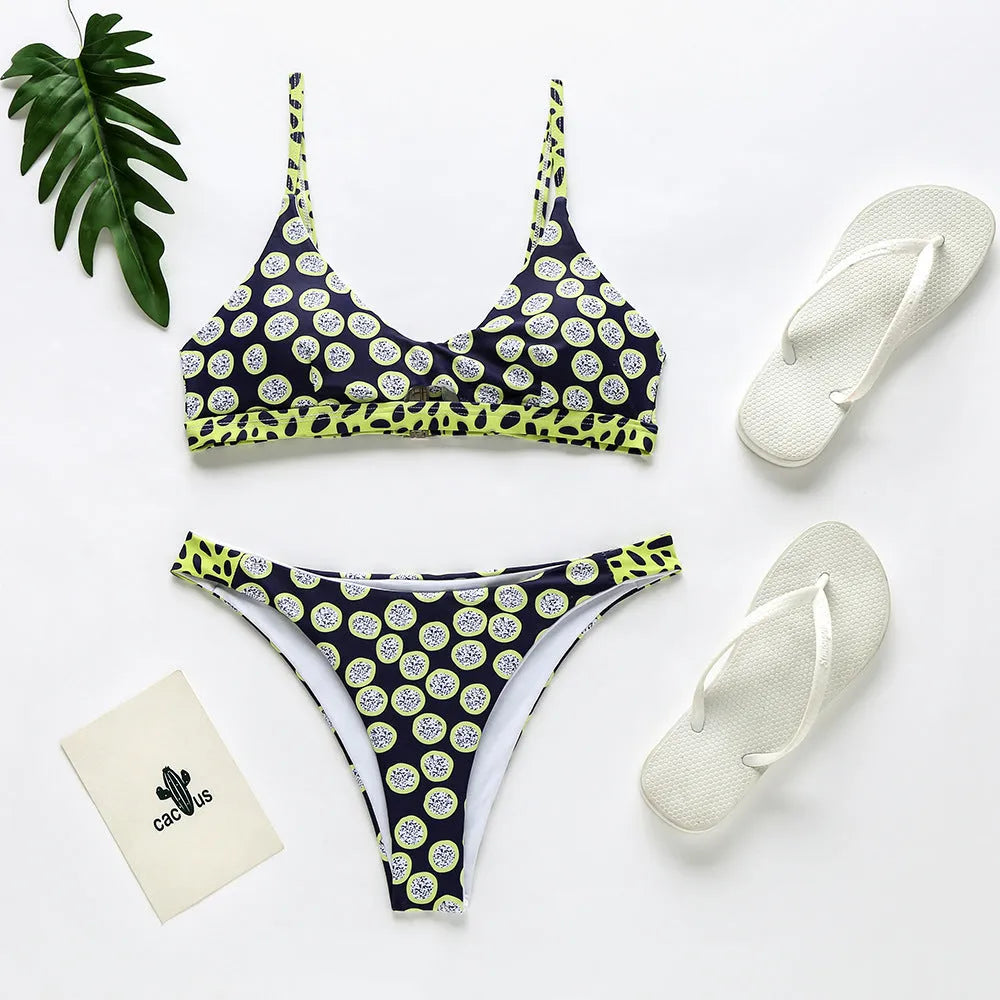 Women's bikini swimsuit set in red and white stripes or black and white polka dots pattern