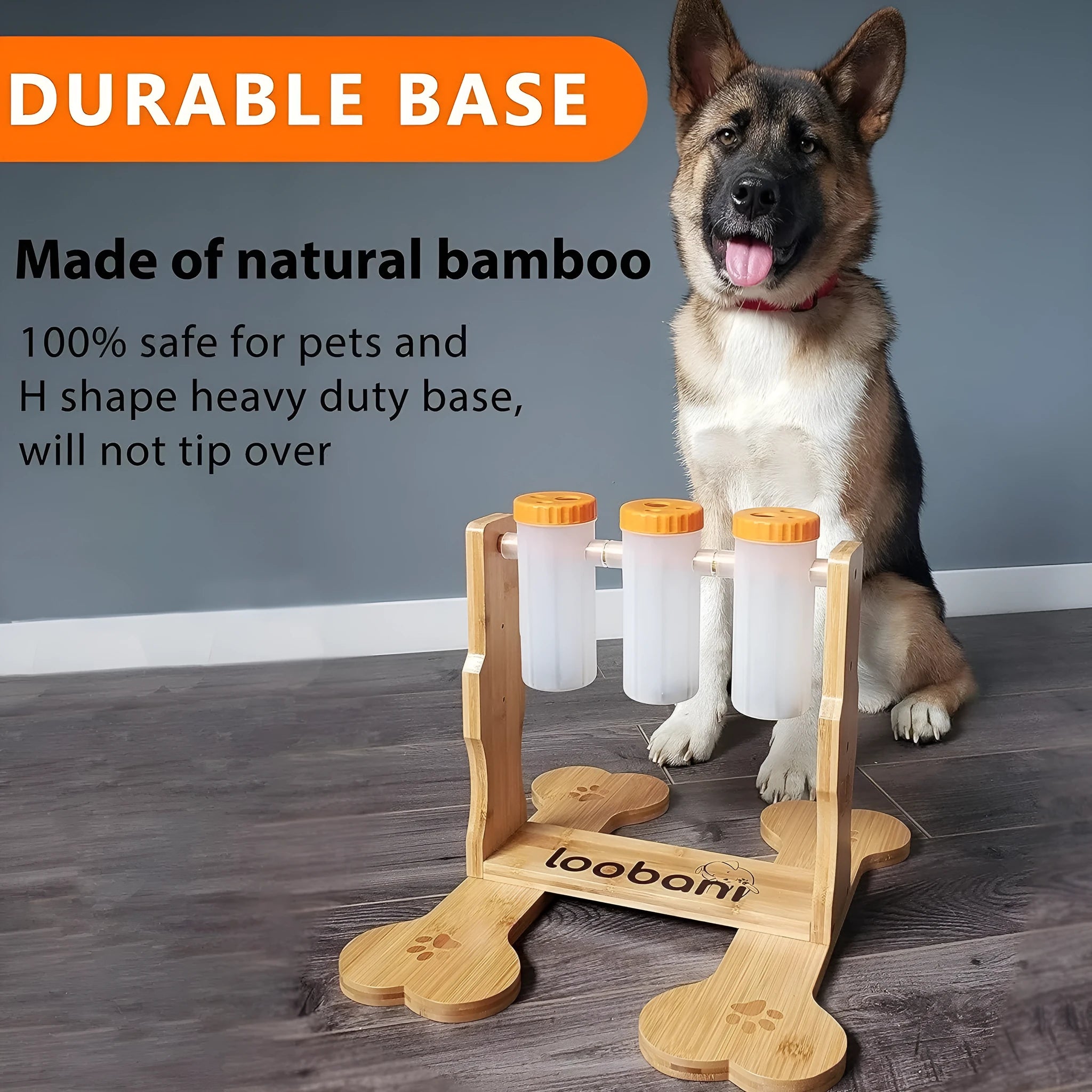 Wooden interactive dog puzzle toy and slow feeder with treat compartments, dimensions 31x30x20cm.