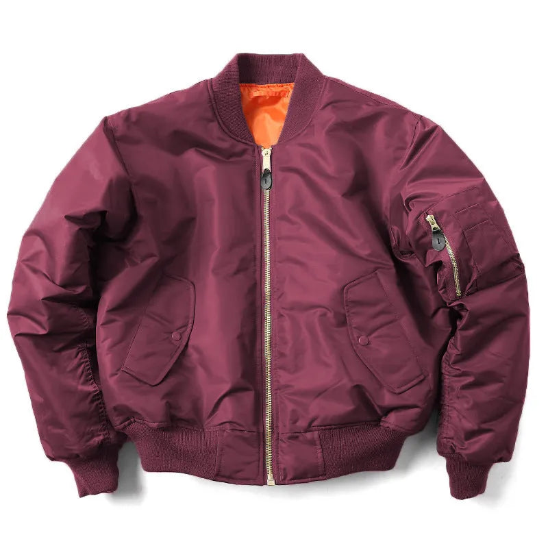 Men's loose fit pilot jacket in army green, showing cotton padding and double-sided nylon construction.