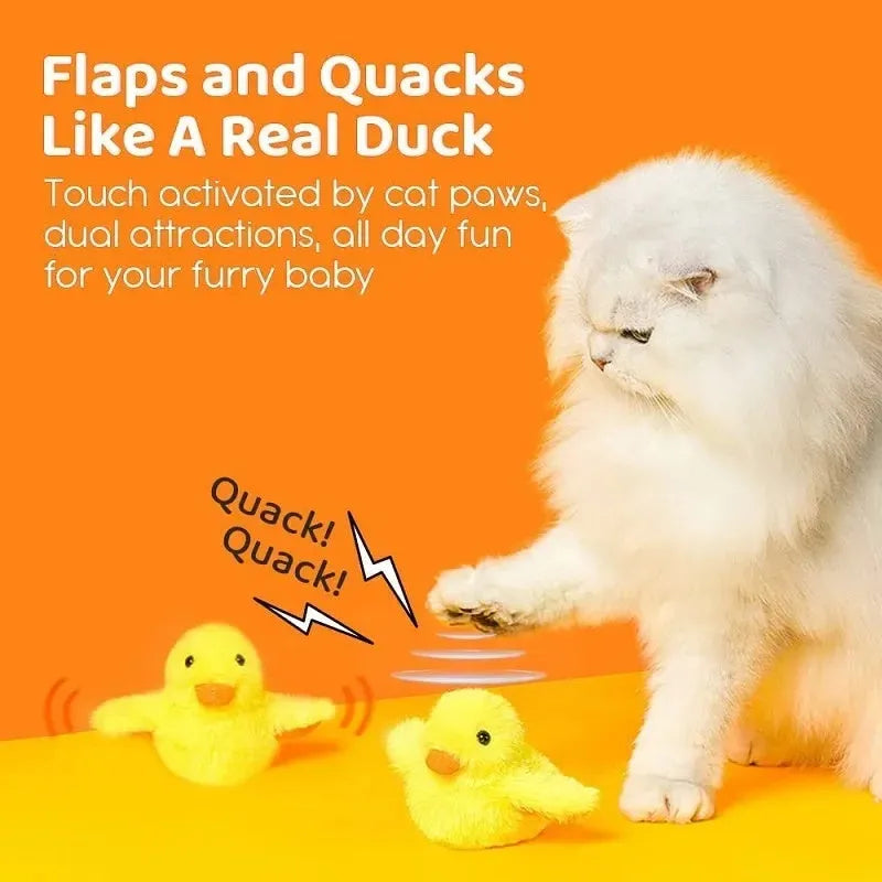 Yellow flapping duck interactive cat toy with plush feathers and a chick design on a plain background.