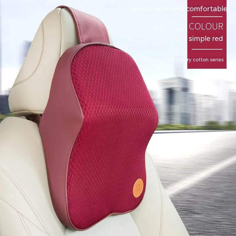 Black and beige memory foam headrest pillow and lumbar support pillow for car seats.