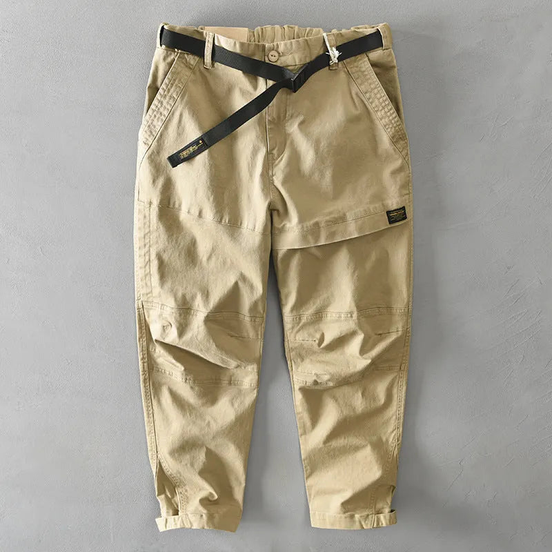 Men's cotton casual overalls in khaki colour with loose trouser fit and mid waist design