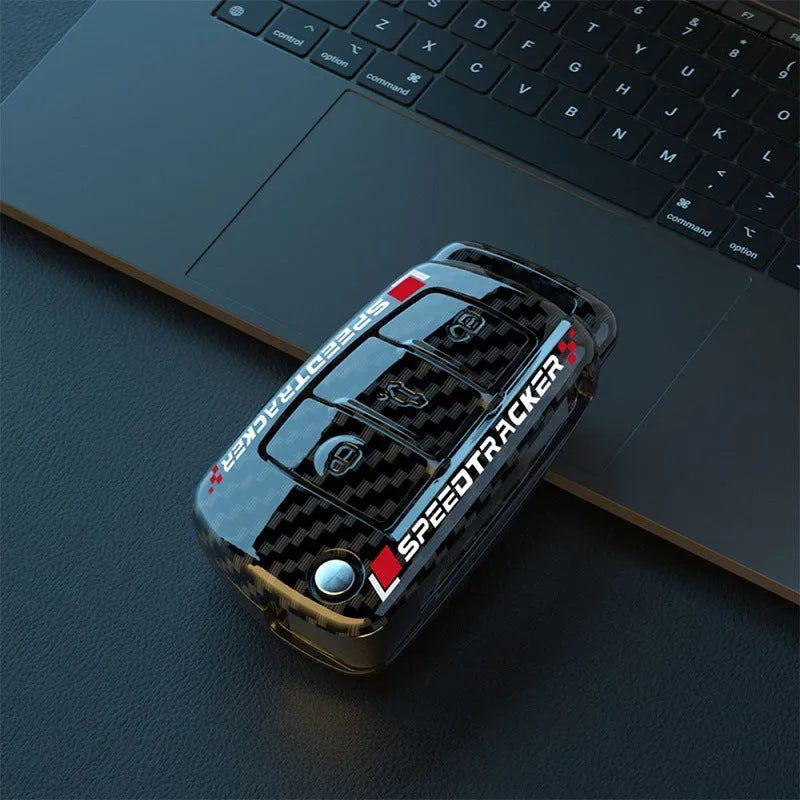 Carbon fibre style car key cover with mirrored finish in white and carbon colour options