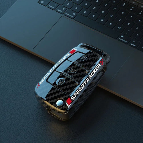 Carbon fibre style car key cover with mirrored finish in white and carbon colour options