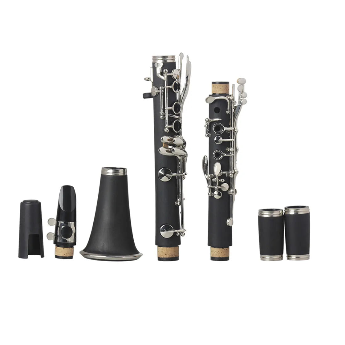 Black Bakelite clarinet with nickel keys showing 17-key mechanism and included carrying bag