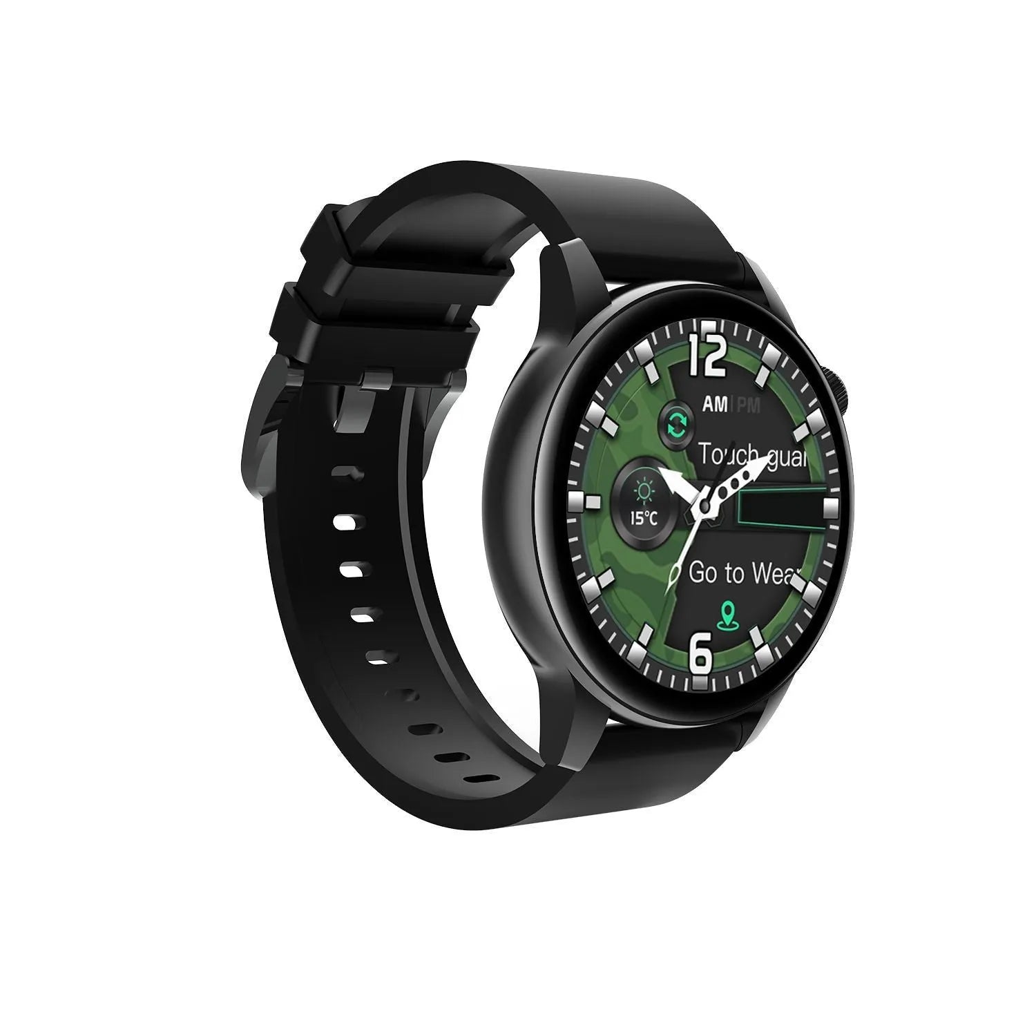 Stainless steel smart watch with a 1.30-inch colour screen in black, pink, or silver.