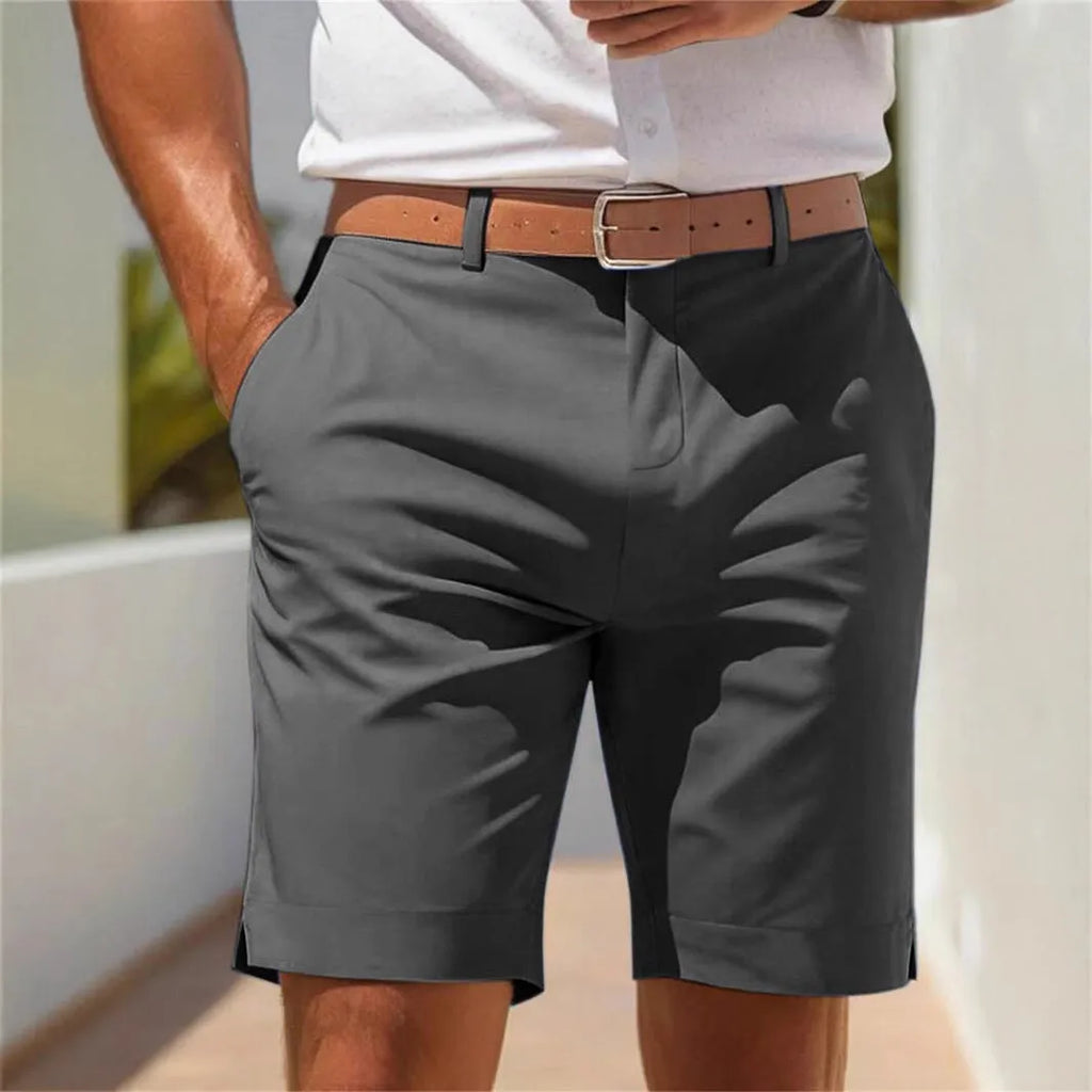 Men's straight-leg polyester business casual shorts in light grey colour for summer office wear