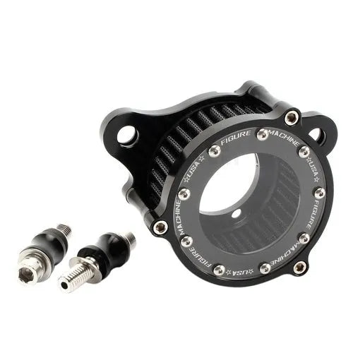 CNC aluminium retro motorcycle air filter with glass window for Harley Sportster, showing black and red filter element options.