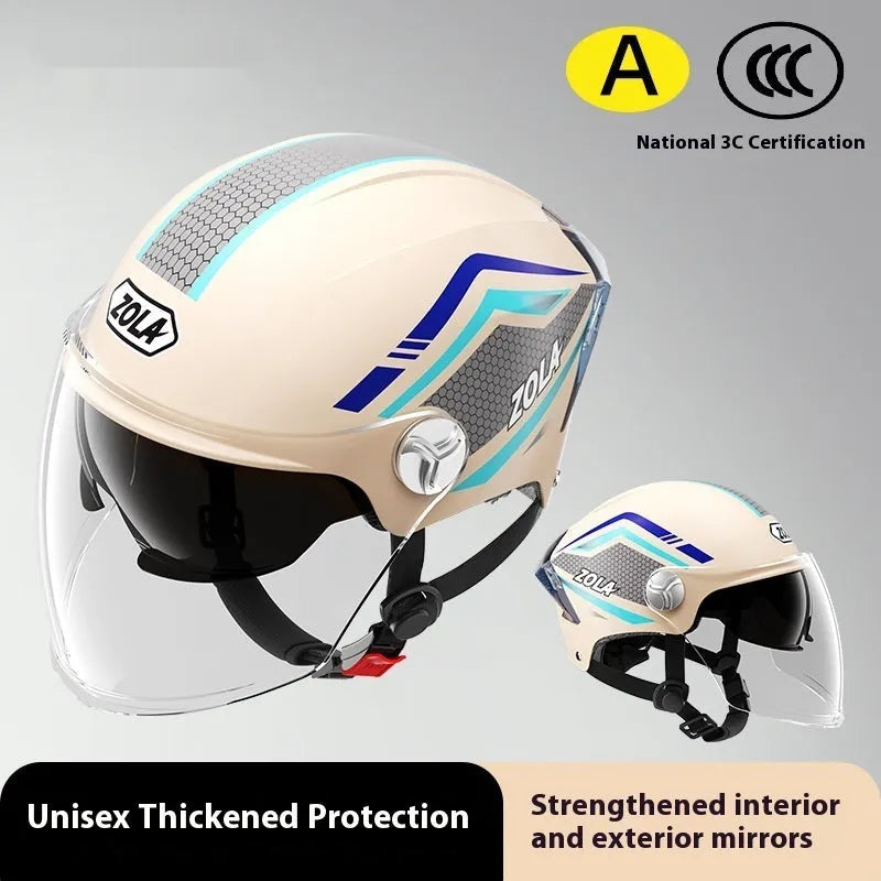 Children's motorcycle half helmet with double mirror visor in light brown colour variant