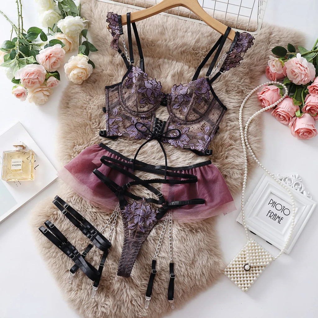 Women's light blue embroidered lace lingerie set with transparent push up bra and matching panty