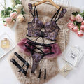 Women's light blue embroidered lace lingerie set with transparent push up bra and matching panty