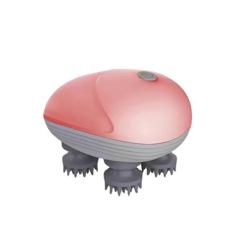 Blue handheld electric pet massager with four rotating silicone heads on a white background.