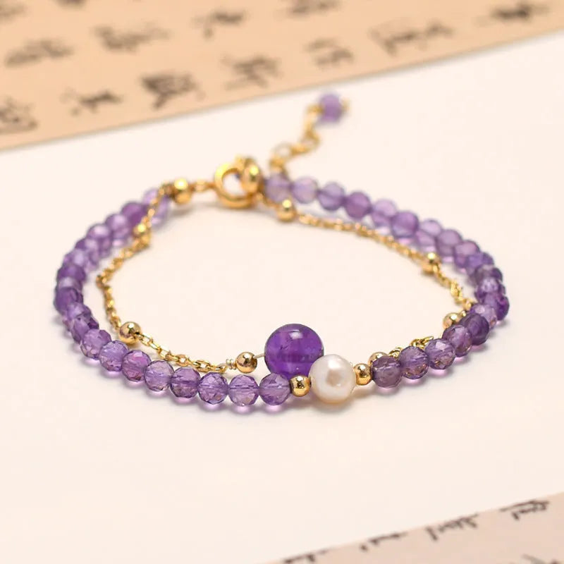 Chinese style women's amethyst crystal bracelet with electroplated diamond-shaped beads.