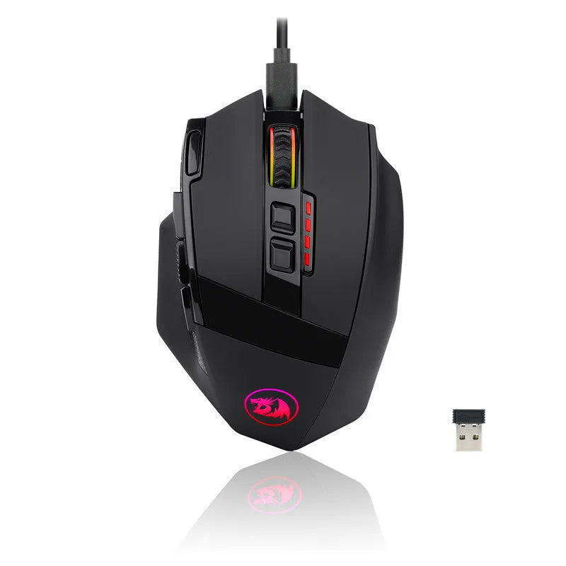 Black Redragon M801P gaming mouse with nine buttons and dual wireless/wired connectivity